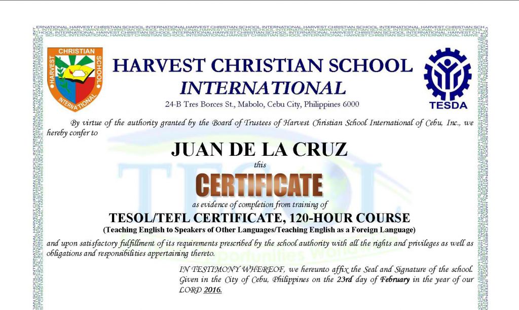 tesol certificate harvest christian school international